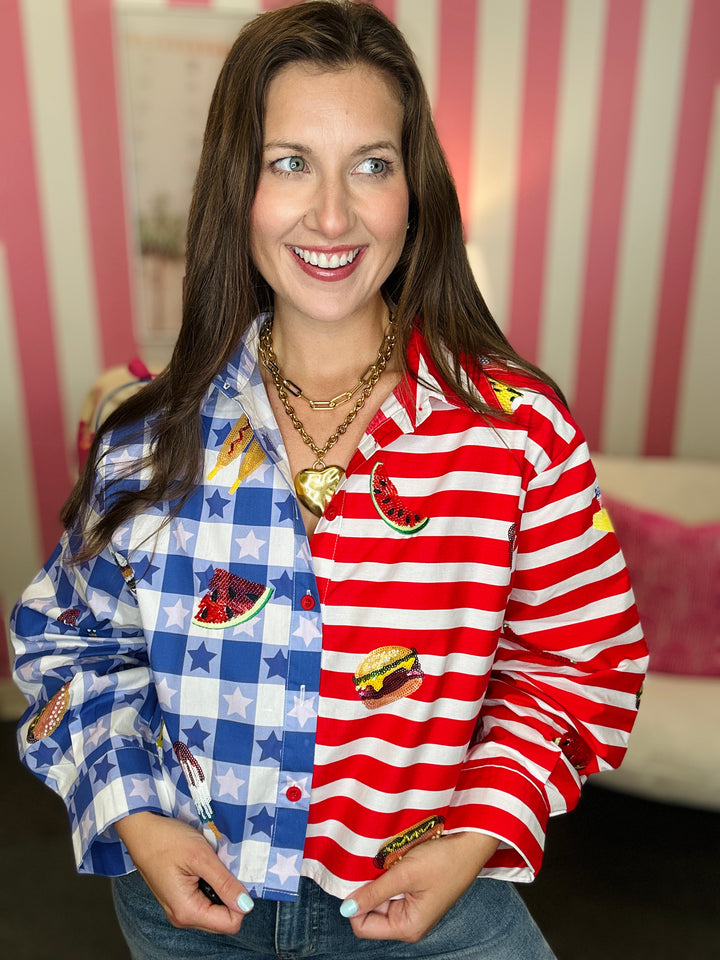 QOS Blue & Red Colorblock USA Food Picnic Cotton Button Up Top