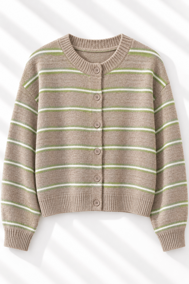 A cropped knit cardigan sweater with horizontal stripes in sage green and light blue on a taupe-brown base, featuring a round neckline, front button closure, and ribbed cuffs and hem.