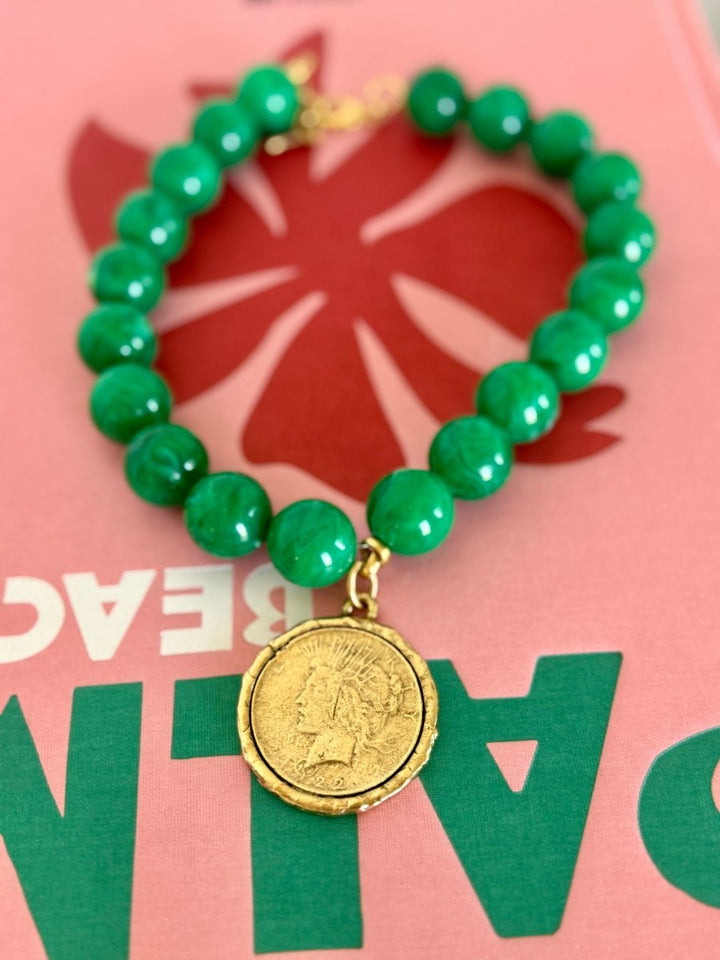 Yochi Green Marble Necklace with Liberty Coin