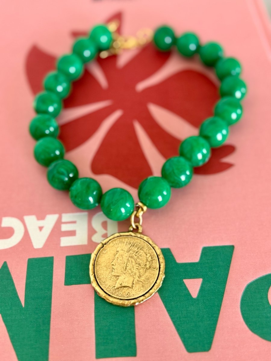 Yochi Green Marble Necklace with Liberty Coin