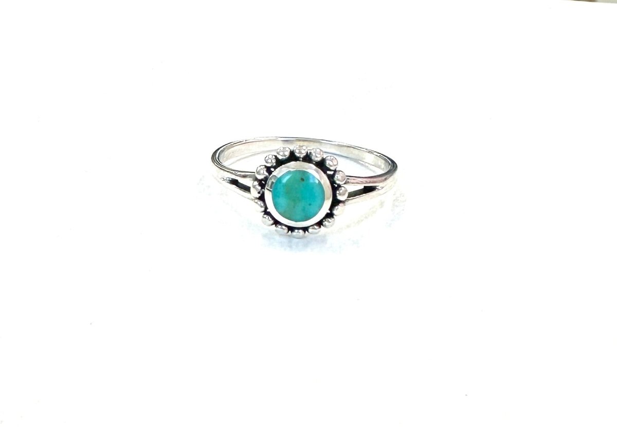 Sterling Ring-Turq Round with Ball Border