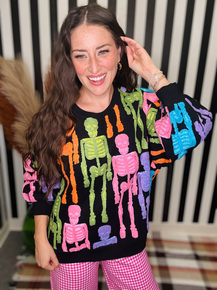 QOS Black Multi Fuzzy Skeleton Sweatshirt