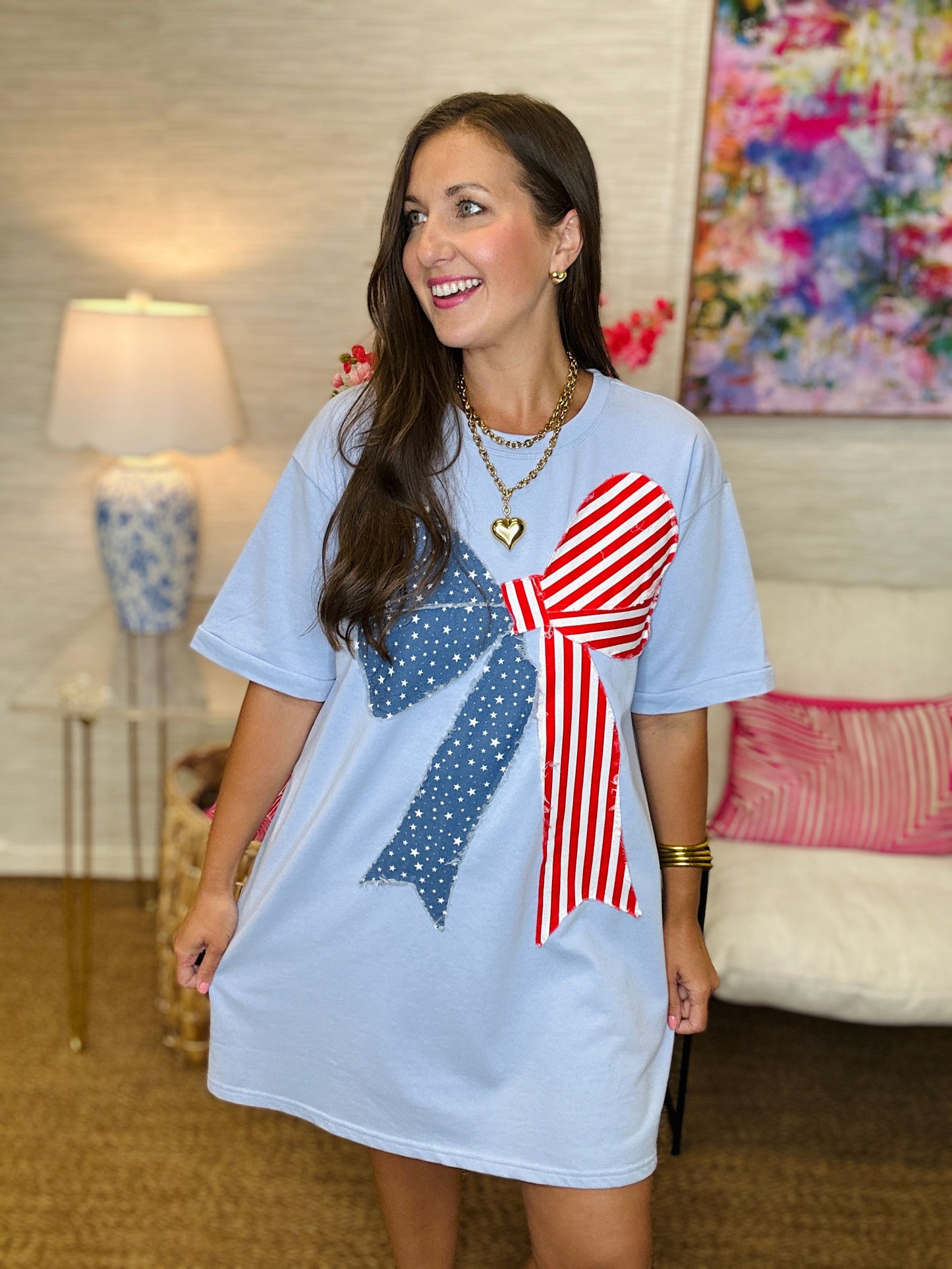 The USA Bow T-Shirt Dress in Sky