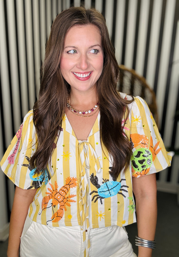 QOS Yellow Stripe Crab & Lobster Tie Top