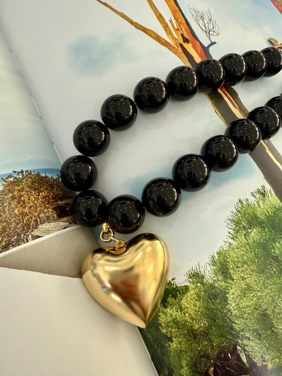 Yochi Marble Heart Necklace in Black