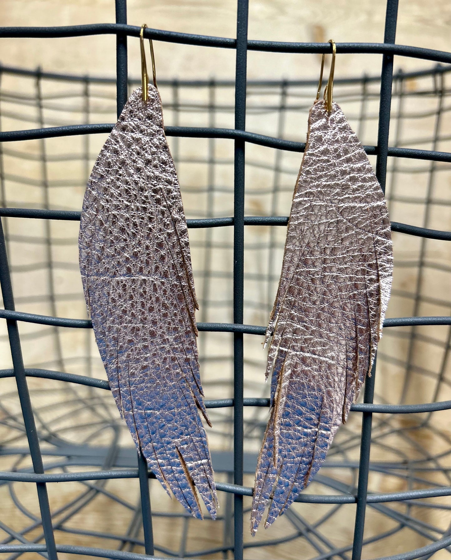 Foiled Long Feather Leather Earrings