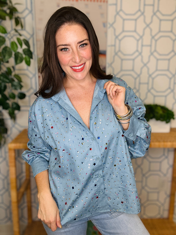 QOS Chambray Multi Rhinestone Button Up
