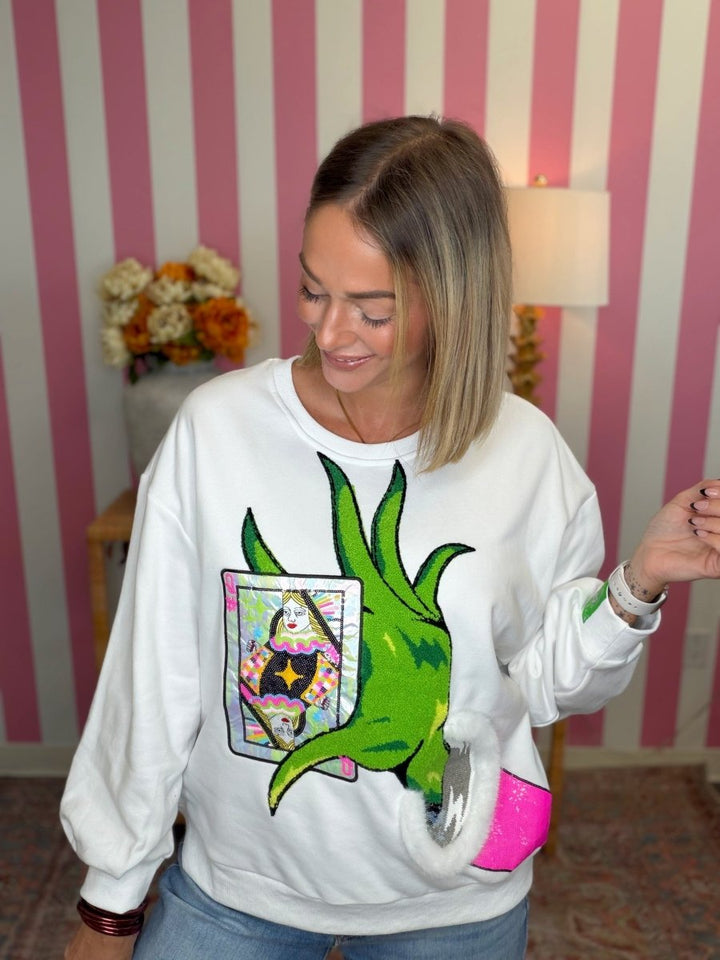 QOS White & Green Hand Holding Card Sweatshirt