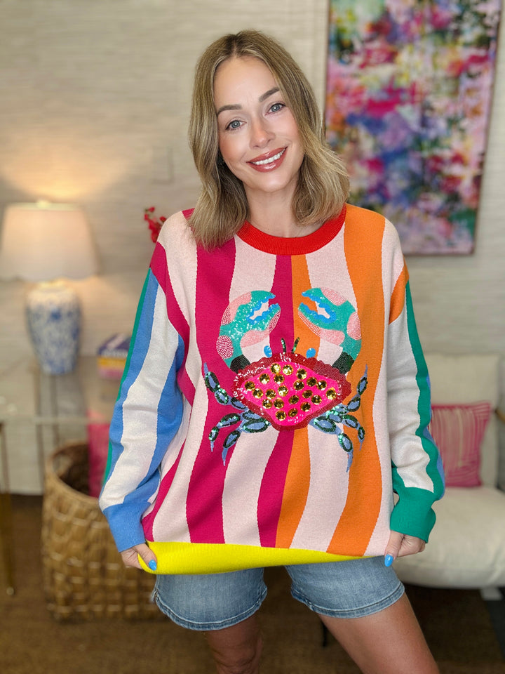 QOS Multi Colorblock Stripe Crab Knit Sweater