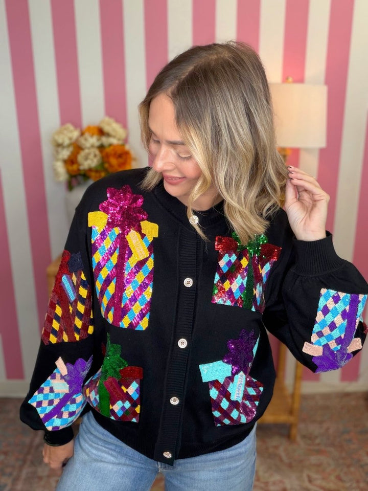 QOS Black Multi Present Button Up Cardigan