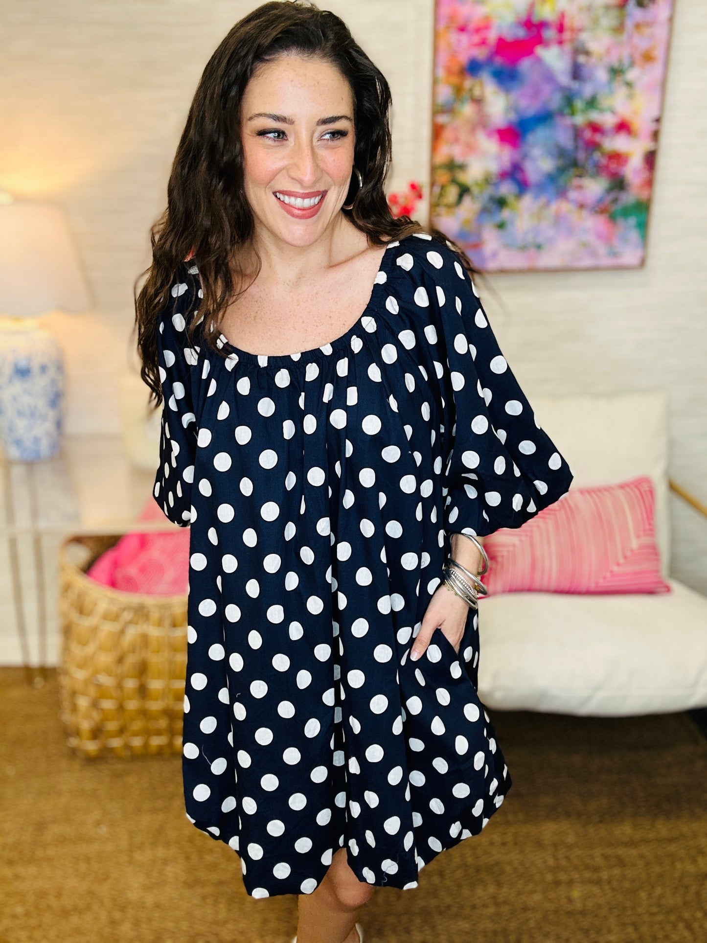 The Polkadot Puff Dress in Navy