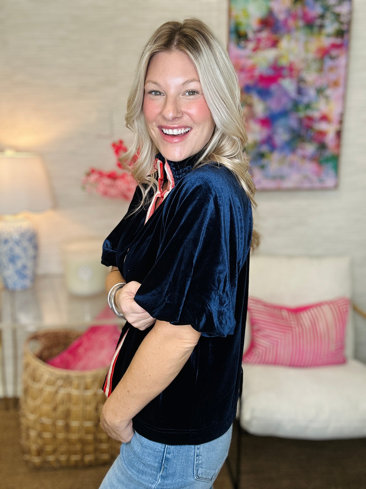 The Suede Puff Top in Navy