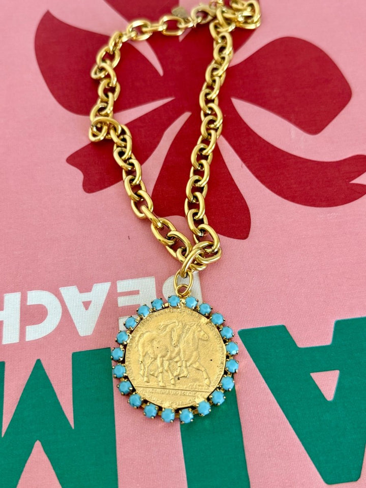 Yochi Chain Necklace with Stoned Horse Coin