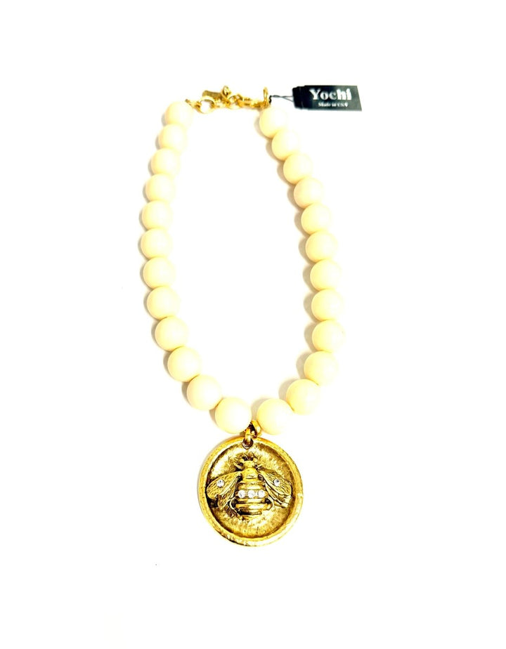 Yochi Beaded Necklace with Bee Coin