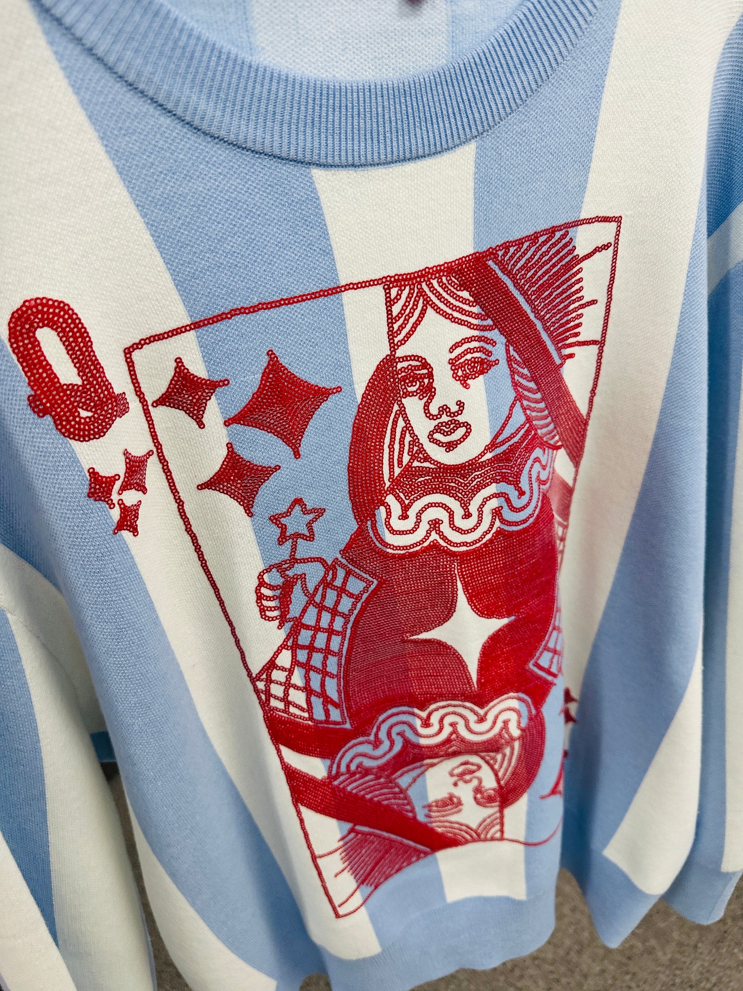 QOS Blue, White & Red Striped Card Logo Sweater