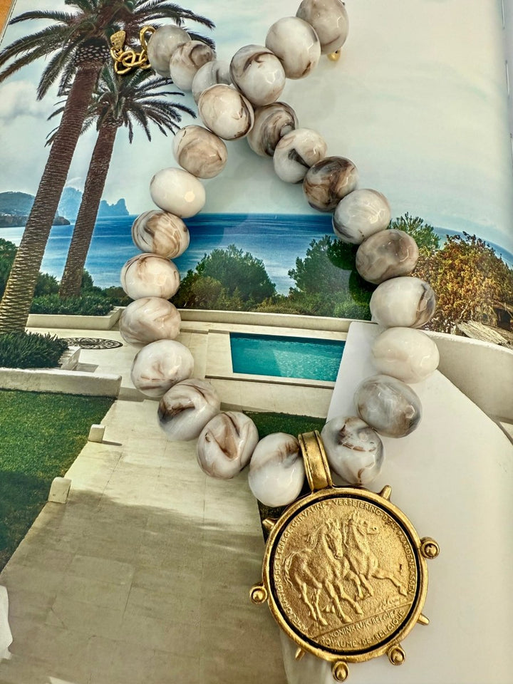 Yochi Marble Coin Necklace in Mocha Horse