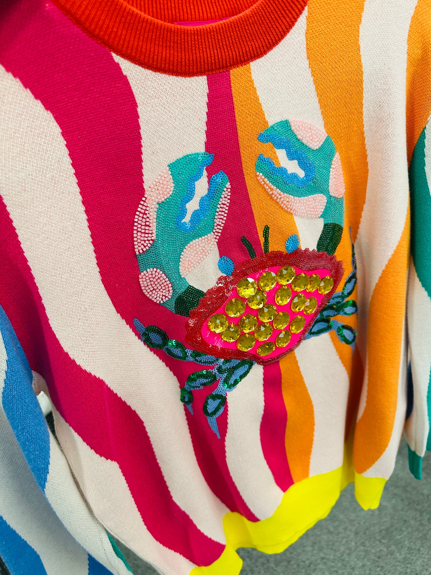 QOS Multi Colorblock Stripe Crab Knit Sweater