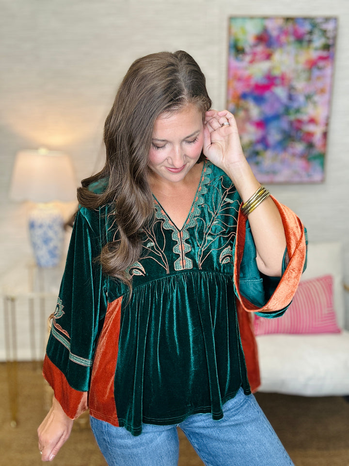 The Velvet Embroidered Top in Hunter Green