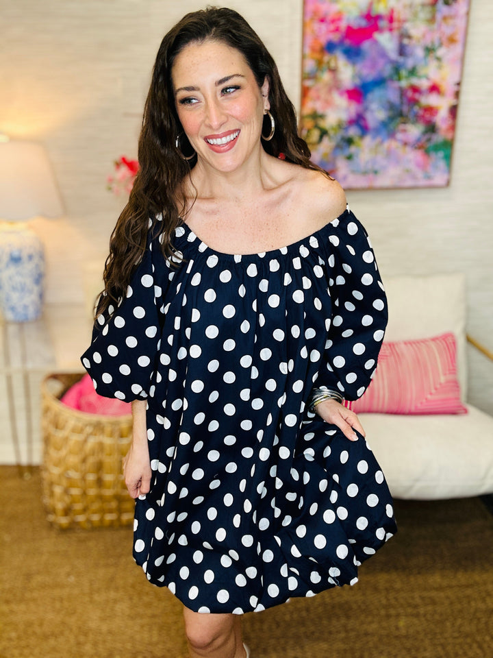 The Polkadot Puff Dress in Navy