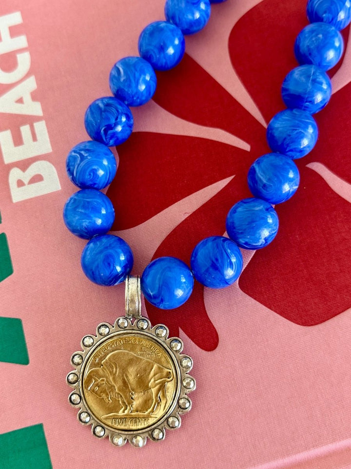 Yochi Blue Marble Necklace with Buffalo Coin