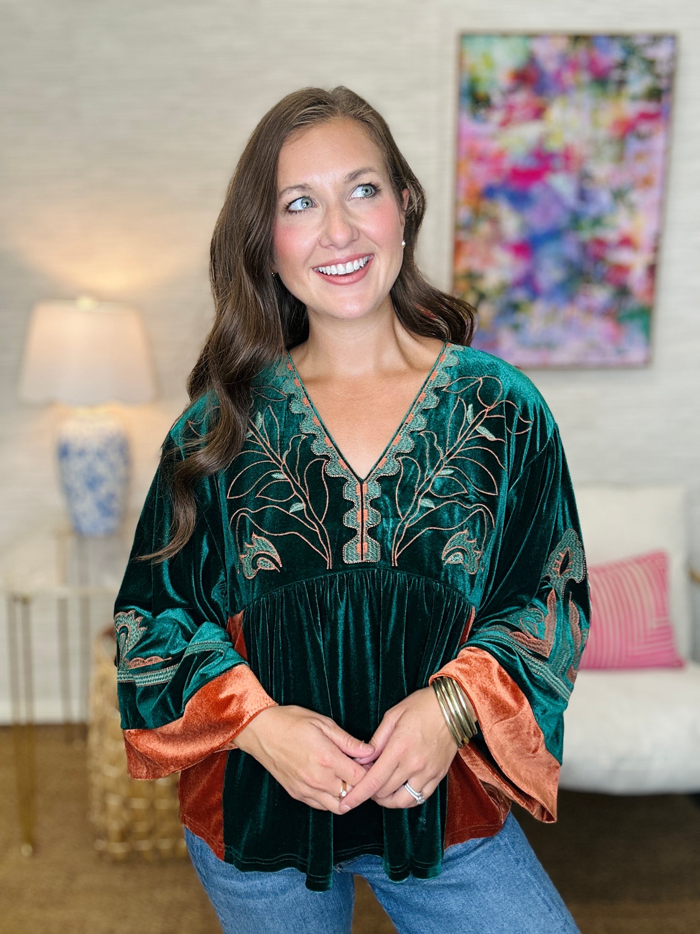 The Velvet Embroidered Top in Hunter Green