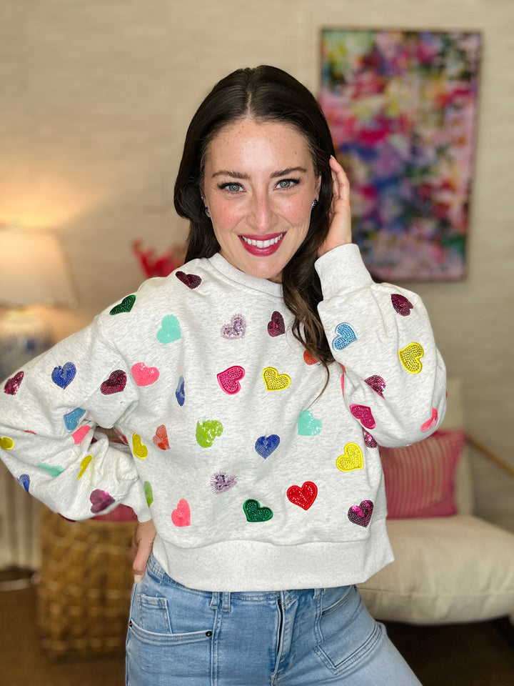 QOS Light Grey Multi Rhinestone Heart Sweatshirt