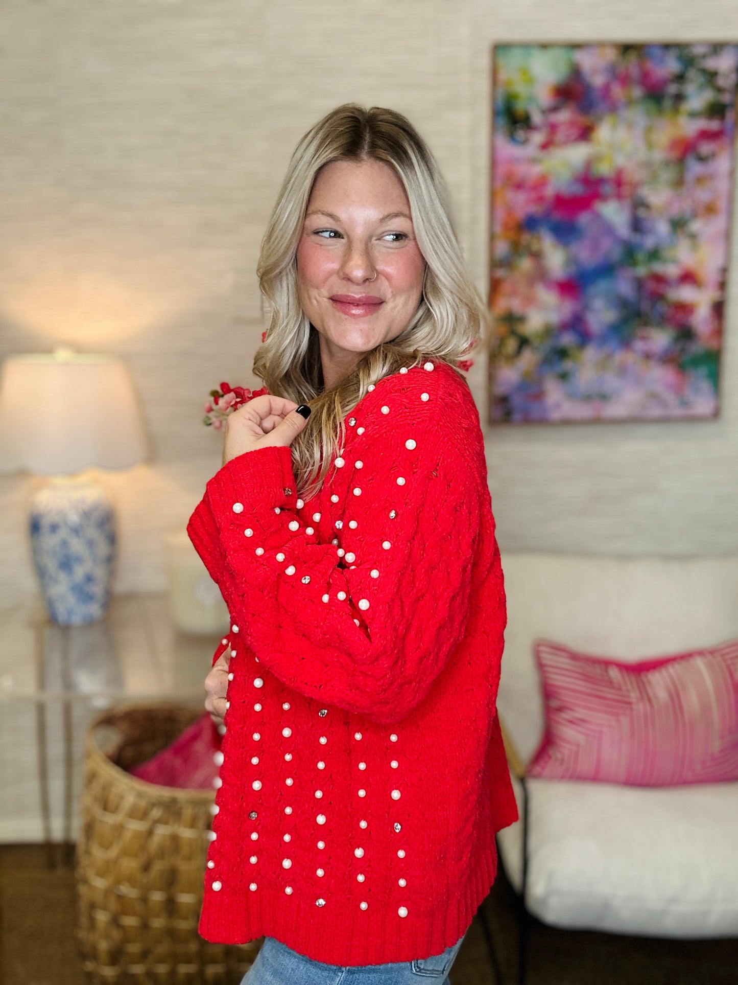 The Pearled Cardigan in Cherry