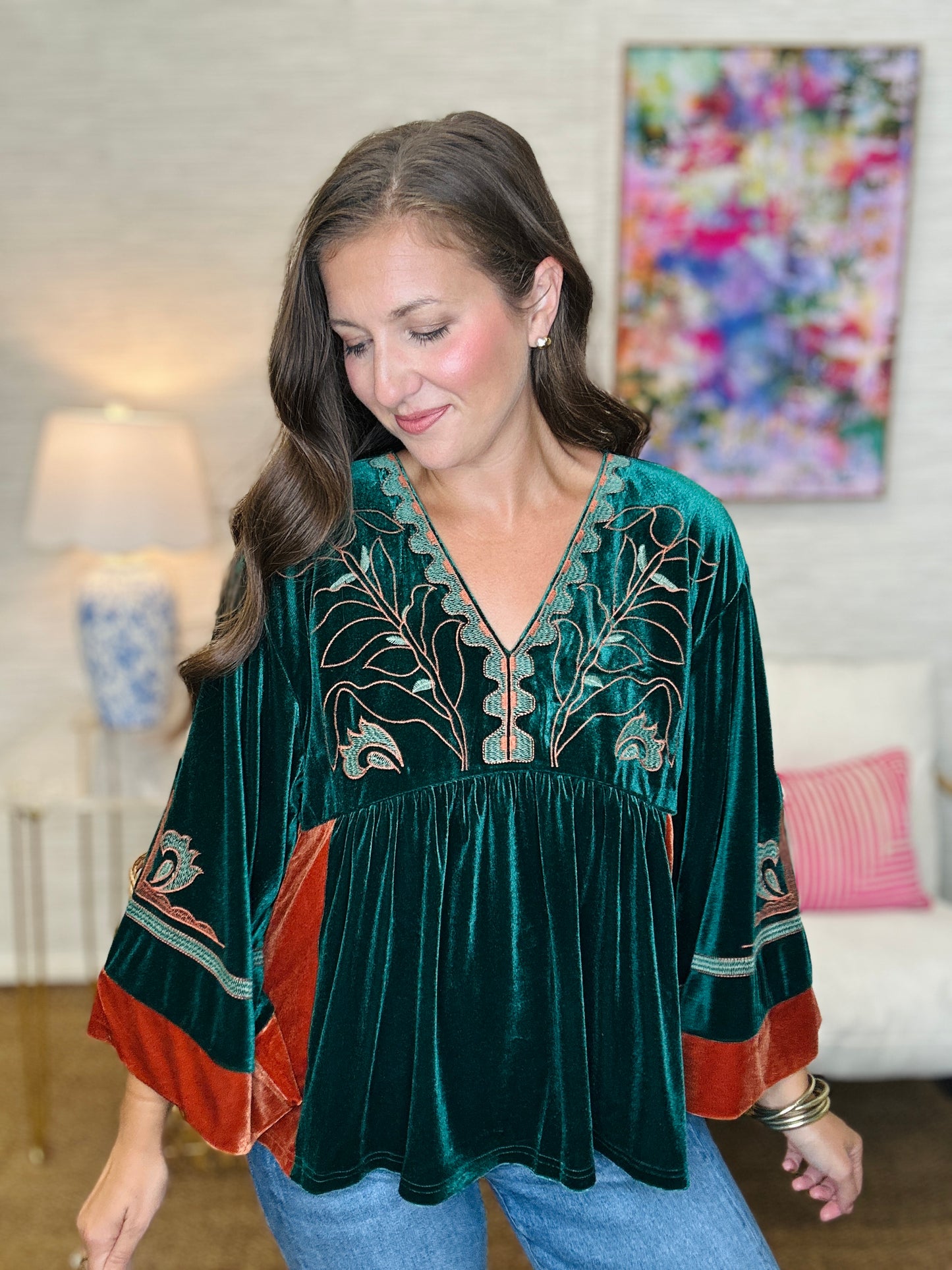 The Velvet Embroidered Top in Hunter Green