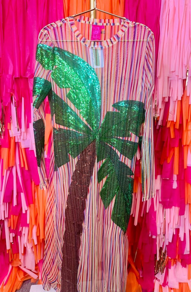QOS Rainbow Stripe Long Sleeve Palm Tree Sheer Coverup