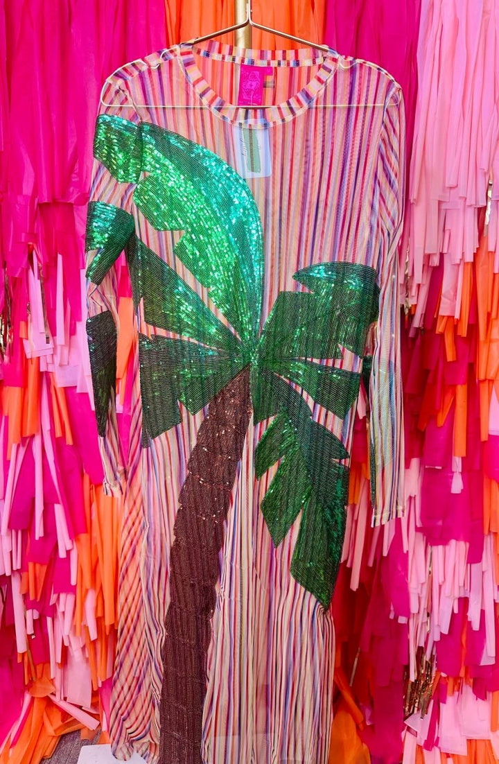 QOS Rainbow Stripe Long Sleeve Palm Tree Sheer Coverup