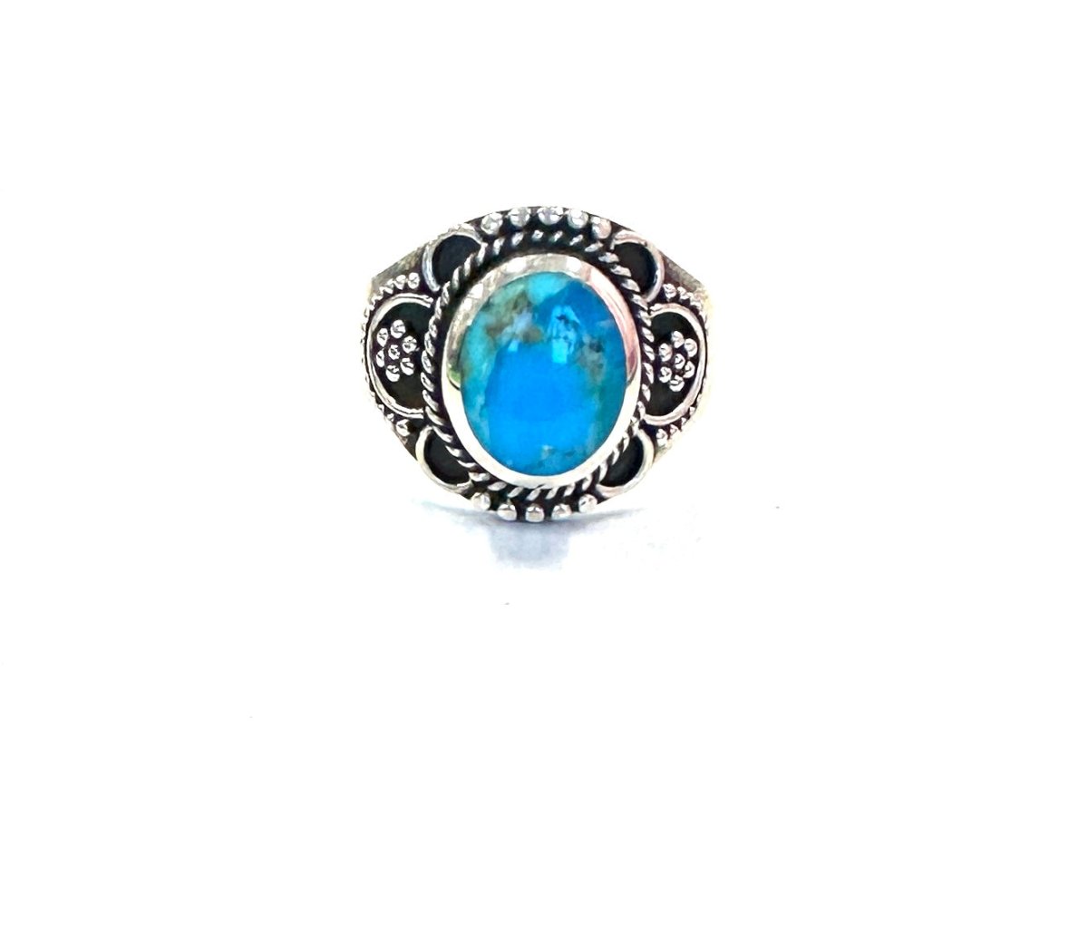 Sterling Ring-Lg Turq Oval Framed w/Flowers