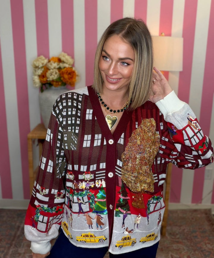 QOS Multi Rockefeller Center Button Up Cardigan