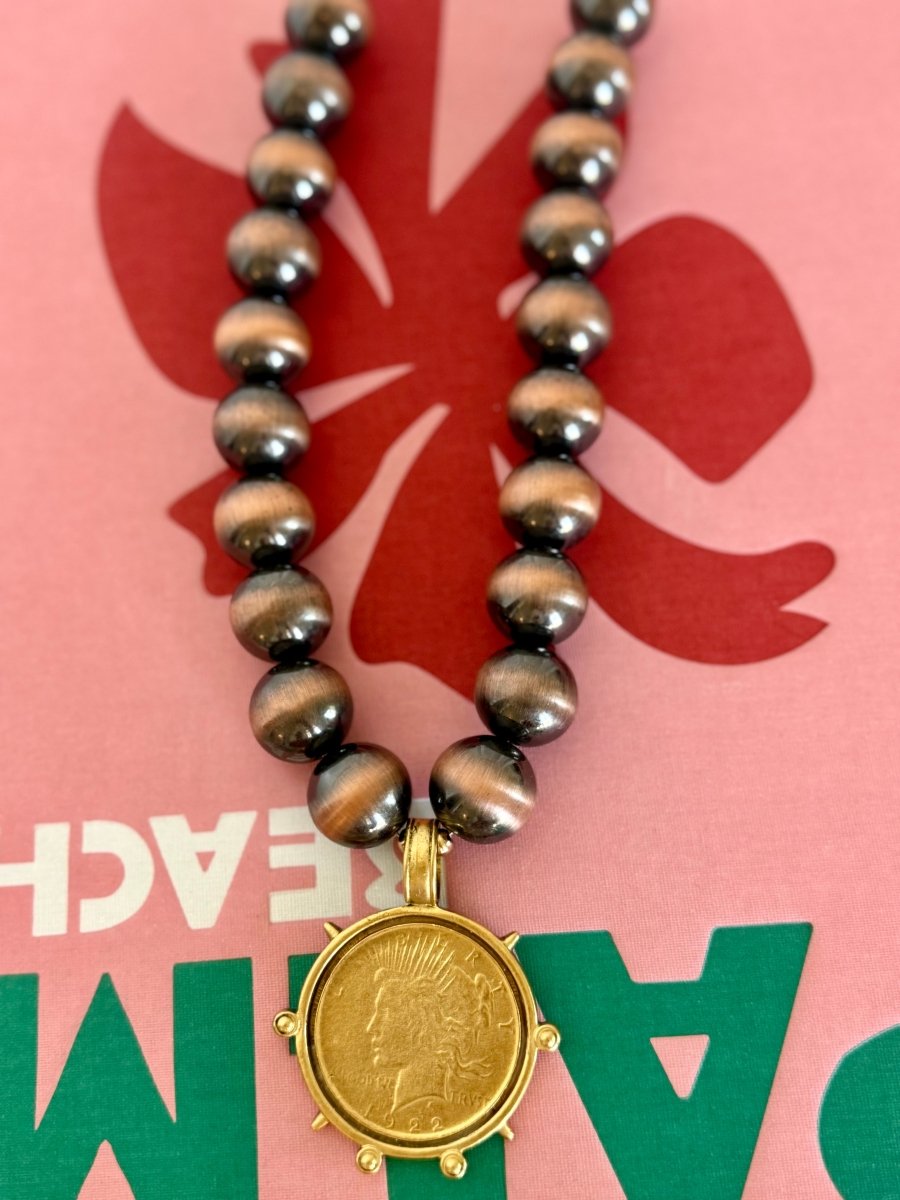 Yochi Brown Bead Necklace with Liberty Coin