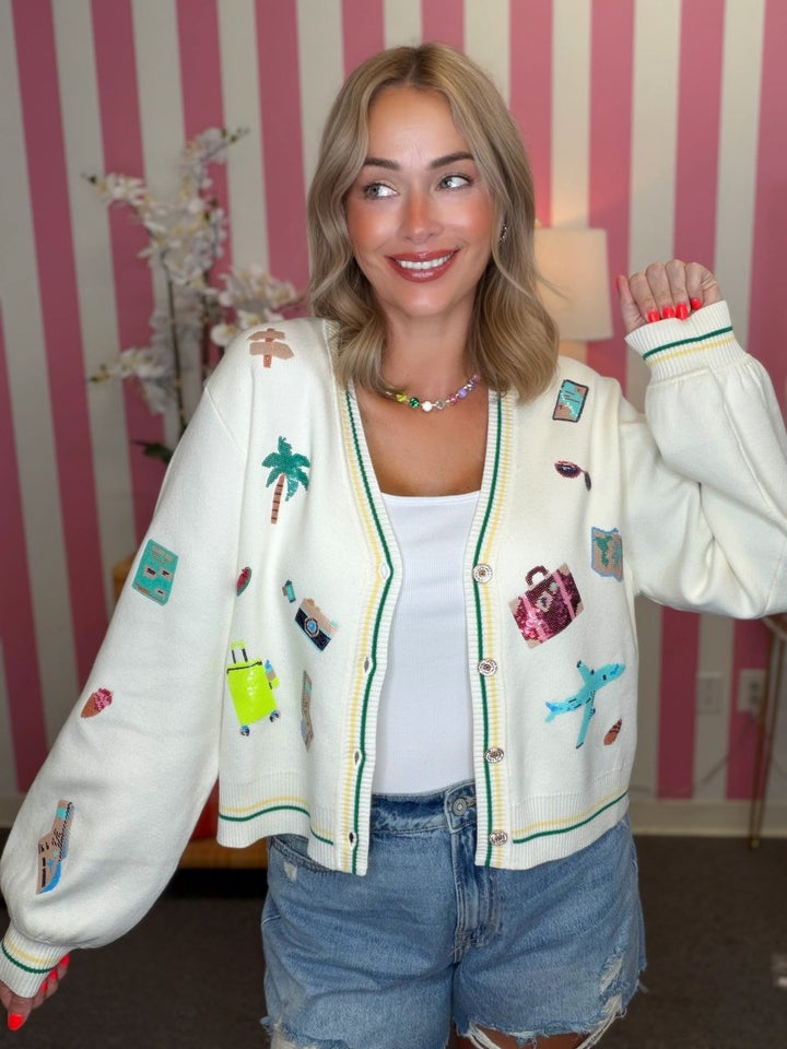 QOS Ivory Travel Icon Button Up Cardigan