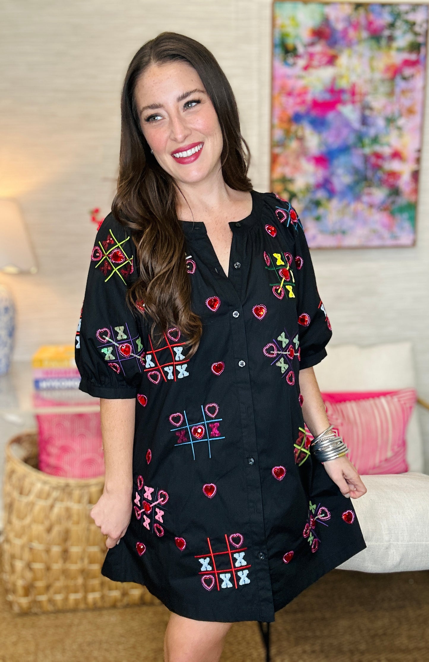QOS Black XOXO Tic Tac Toe Cotton Button Up Dress