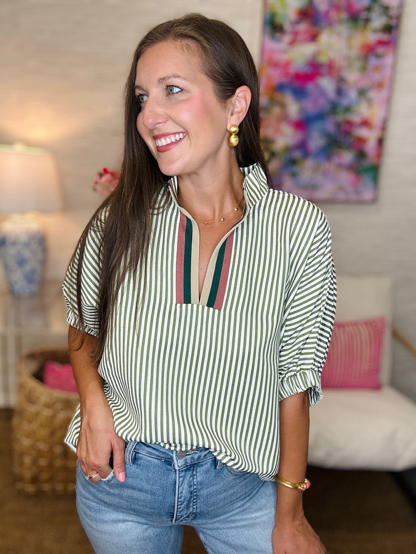 The Seersucker Ava Top in Olive-AS