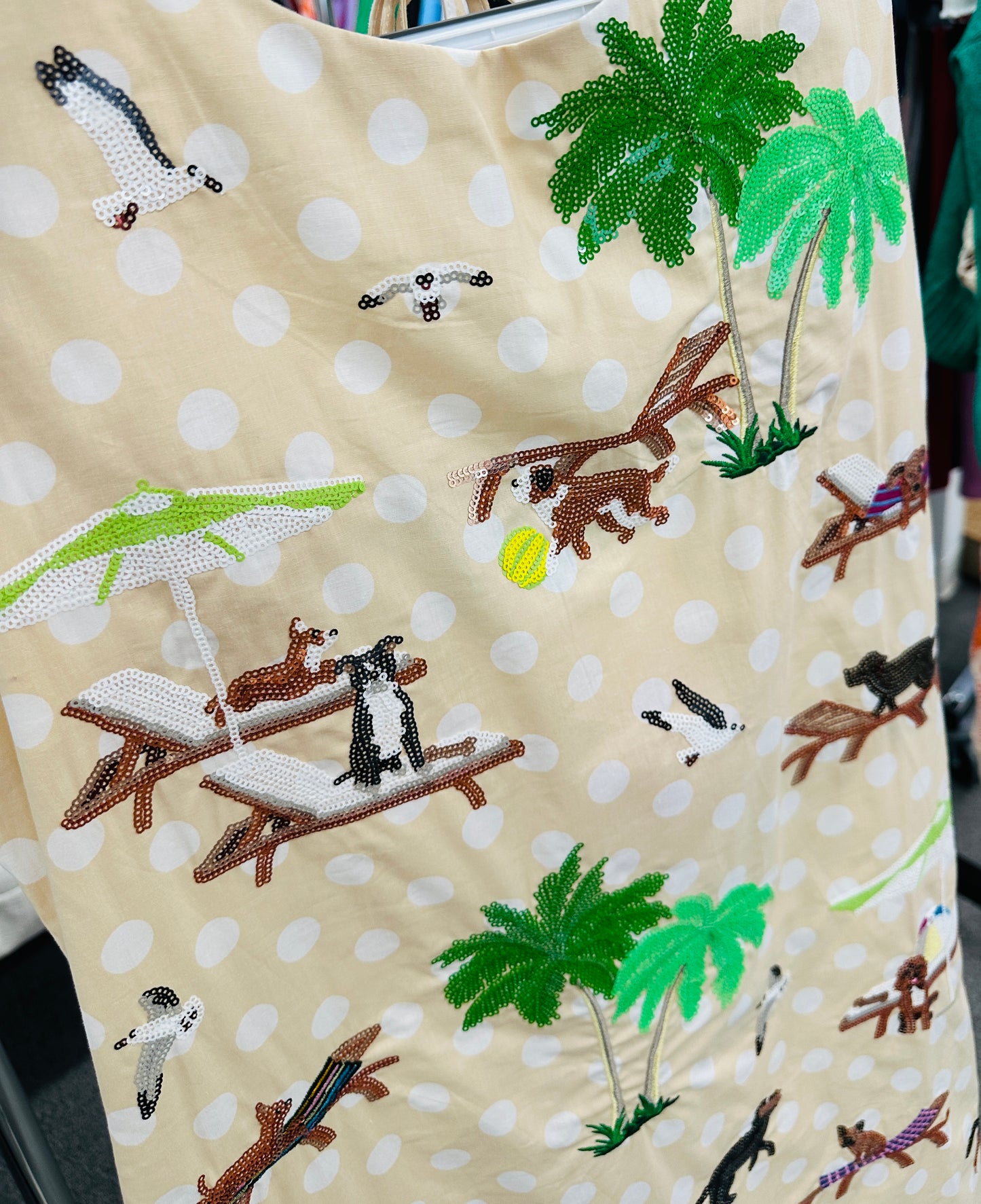 QOS Beige & White Polka Dot Dogs at the Beach Tank Dress