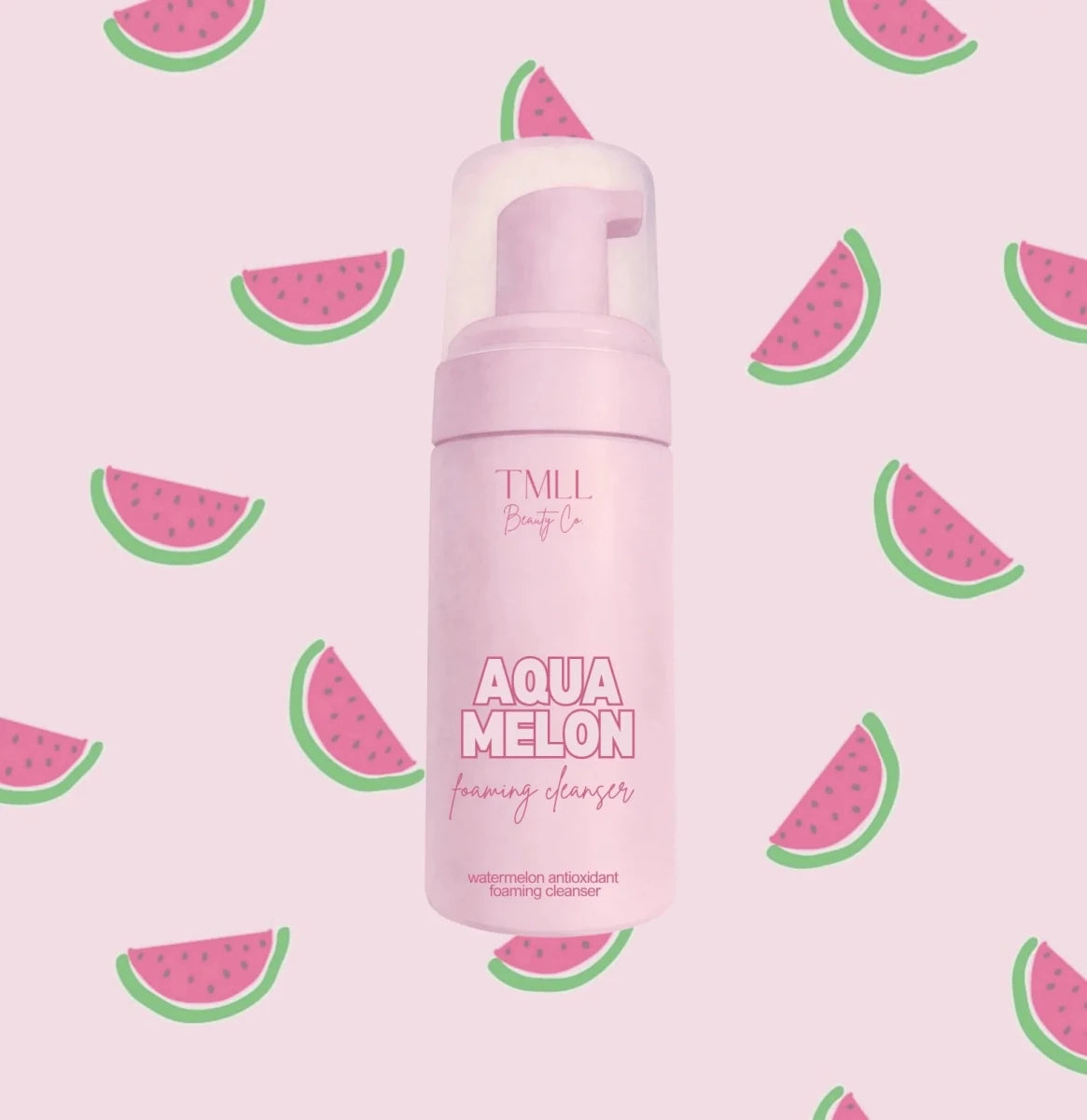Pink bottle of 'Aqua Melon' foam cleanser on a pink background with watermelon pattern