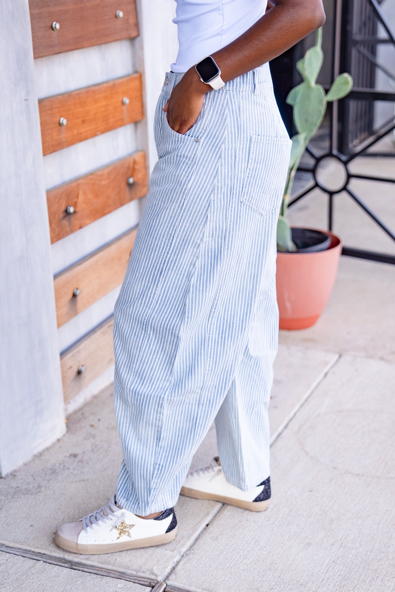 The Pinstriped Beau Barrel Jeans