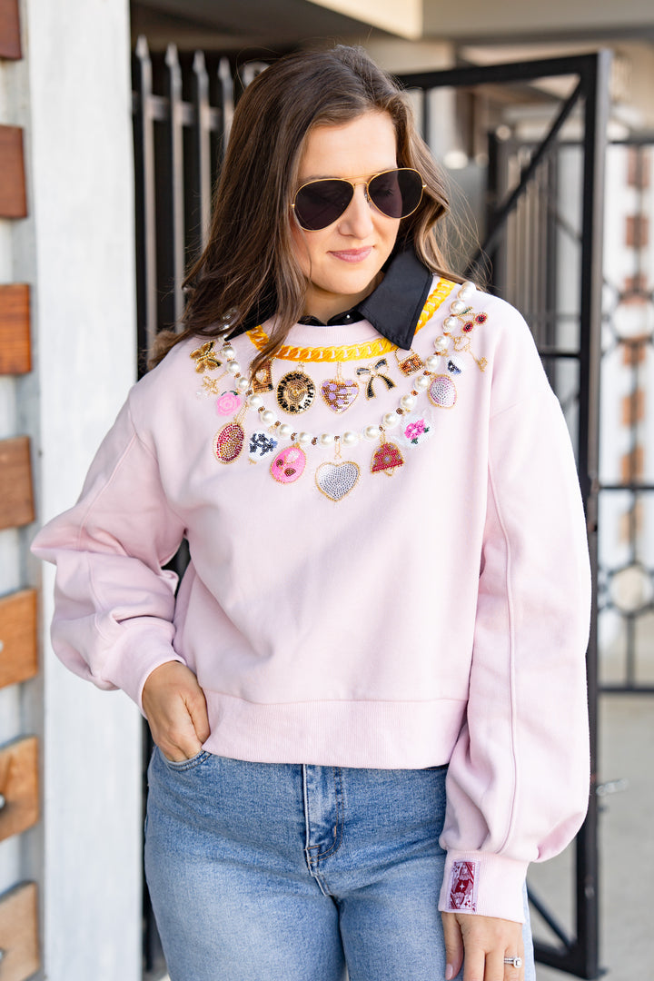 QOS Pale Pink Pearl & Chain VDay Charm Necklace Sweatshirt
