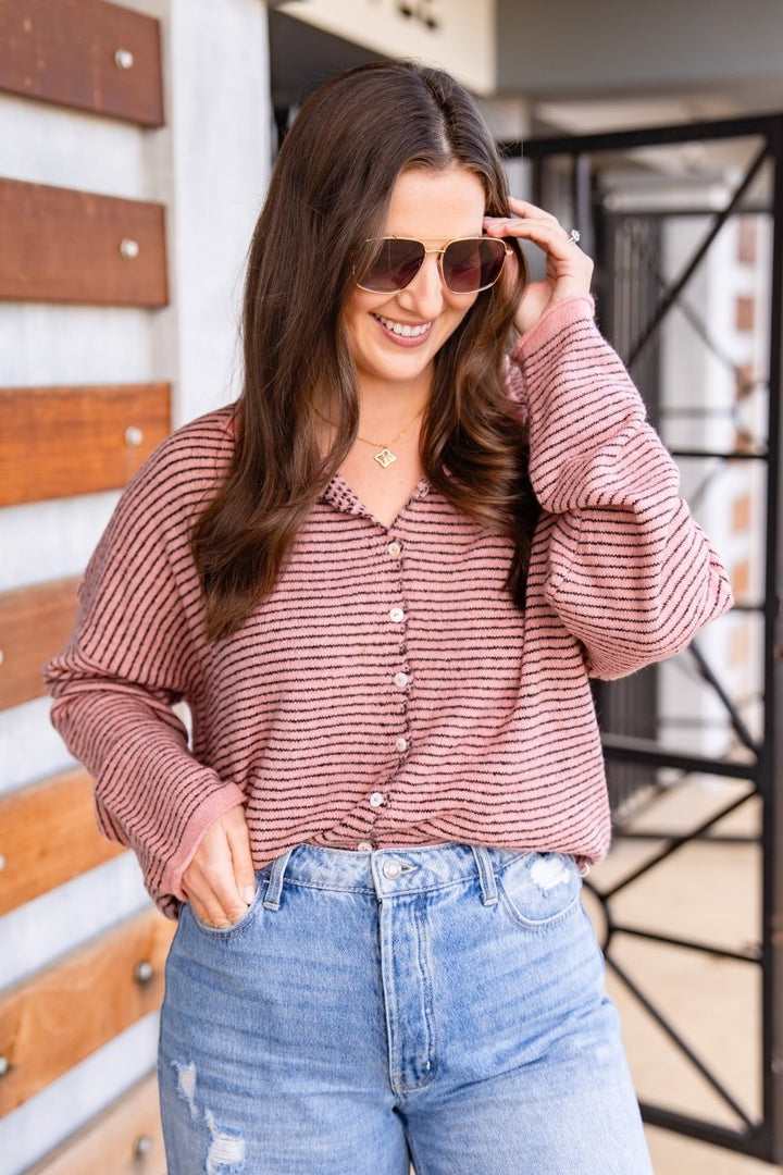 The Worth The Trip Cardigan in Pinstripe- Lots