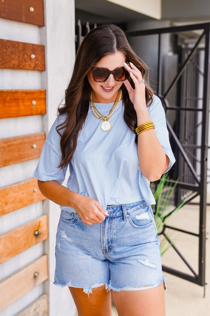 The Buckley Ash Crop Tee in Baby Blue Stripe