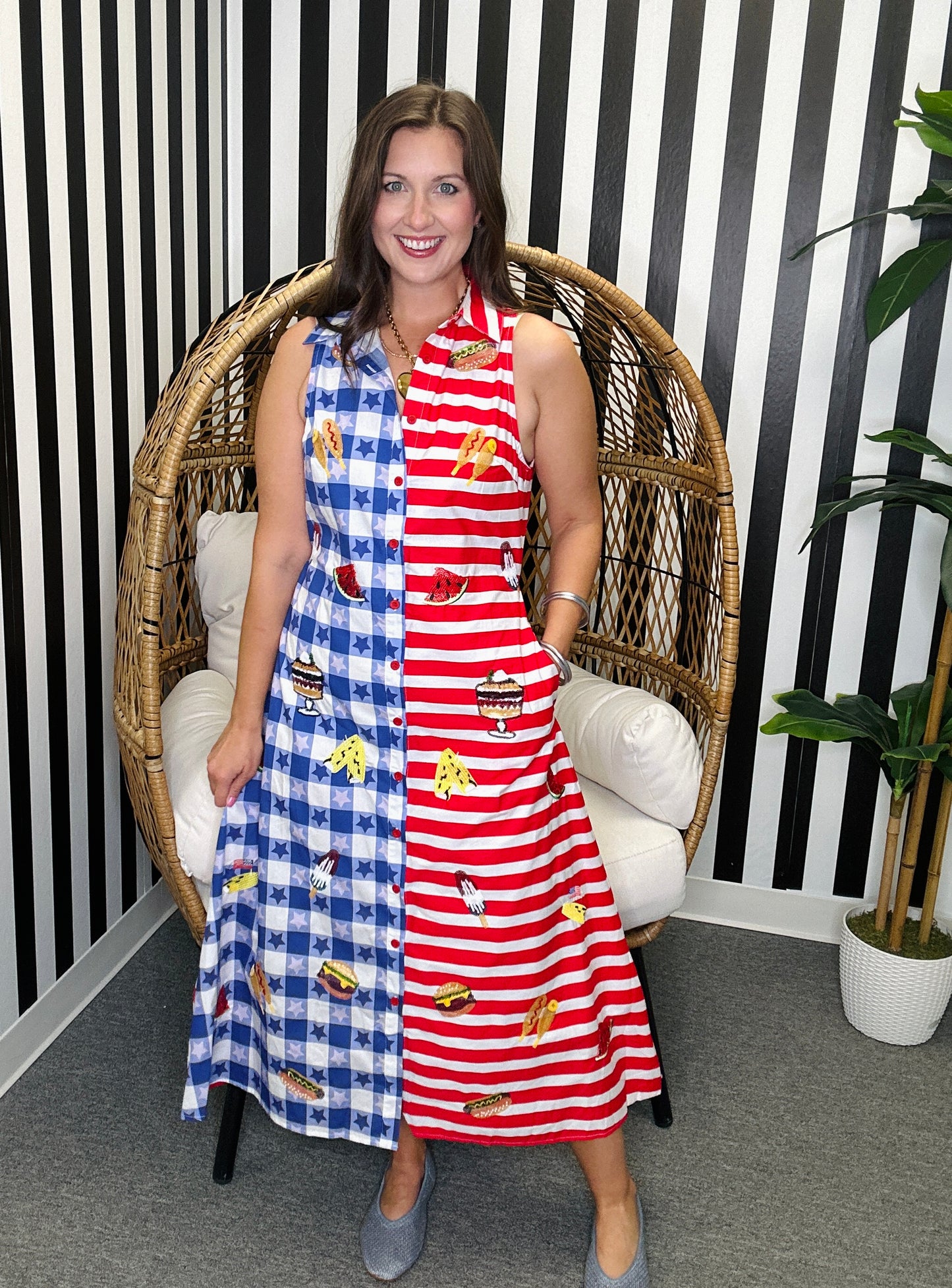 QOS Blue & Red Colorblock USA Food Picnic Tank Dress