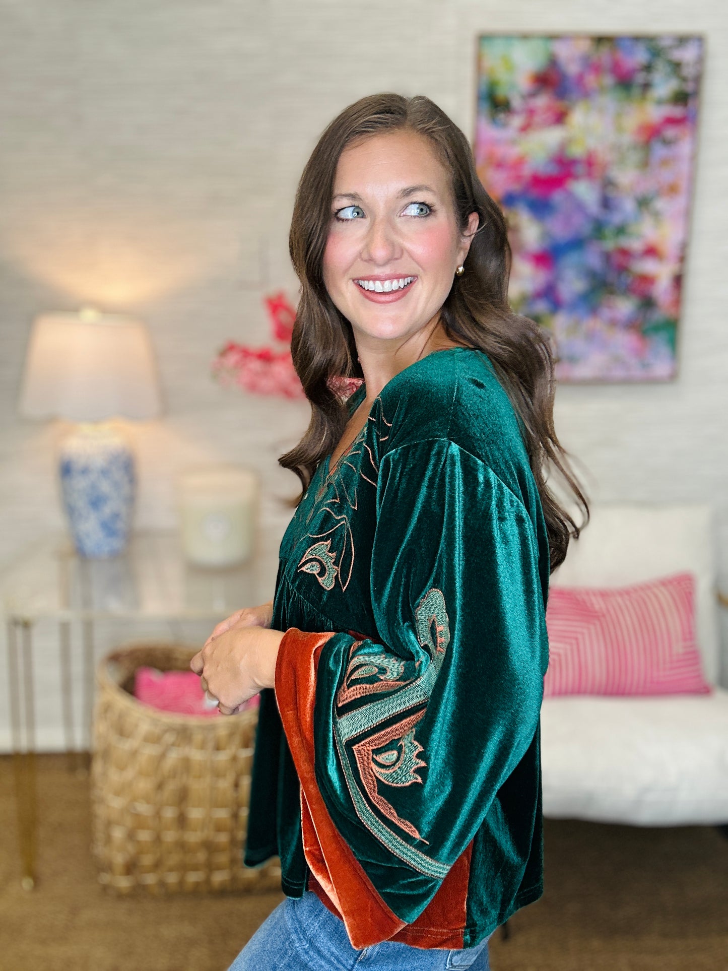 The Velvet Embroidered Top in Hunter Green