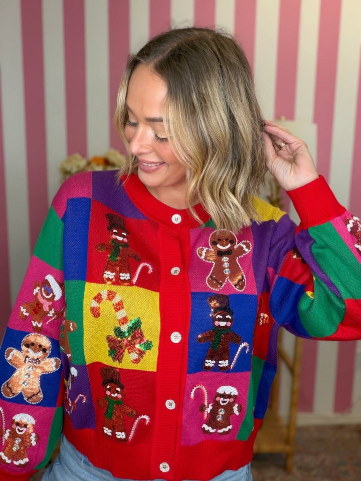 QOS Rainbow Colorblock Gingerbread Man Button Up Cardigan