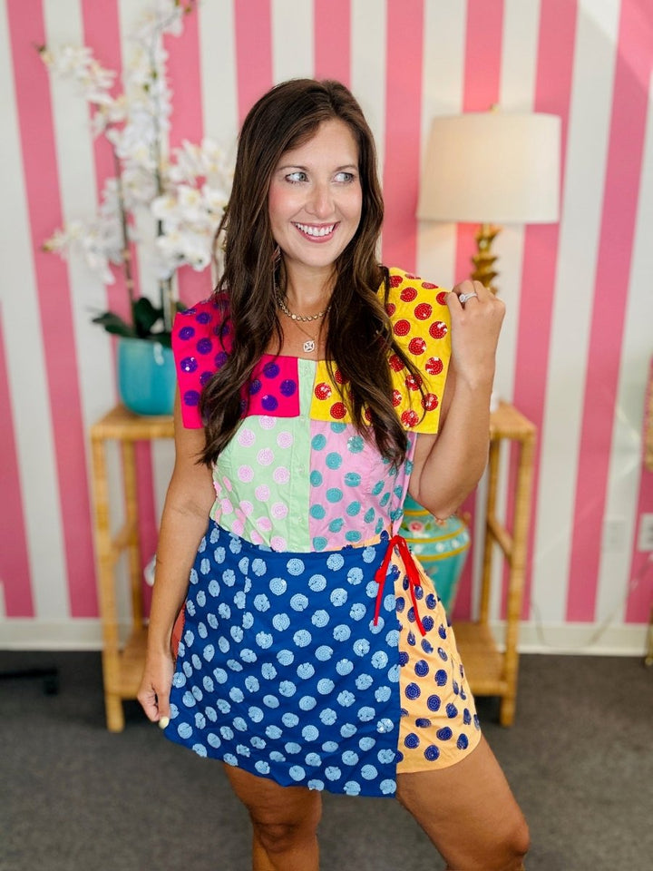QOS Multi Colorblock Polka Dot Wrap Collar Romper