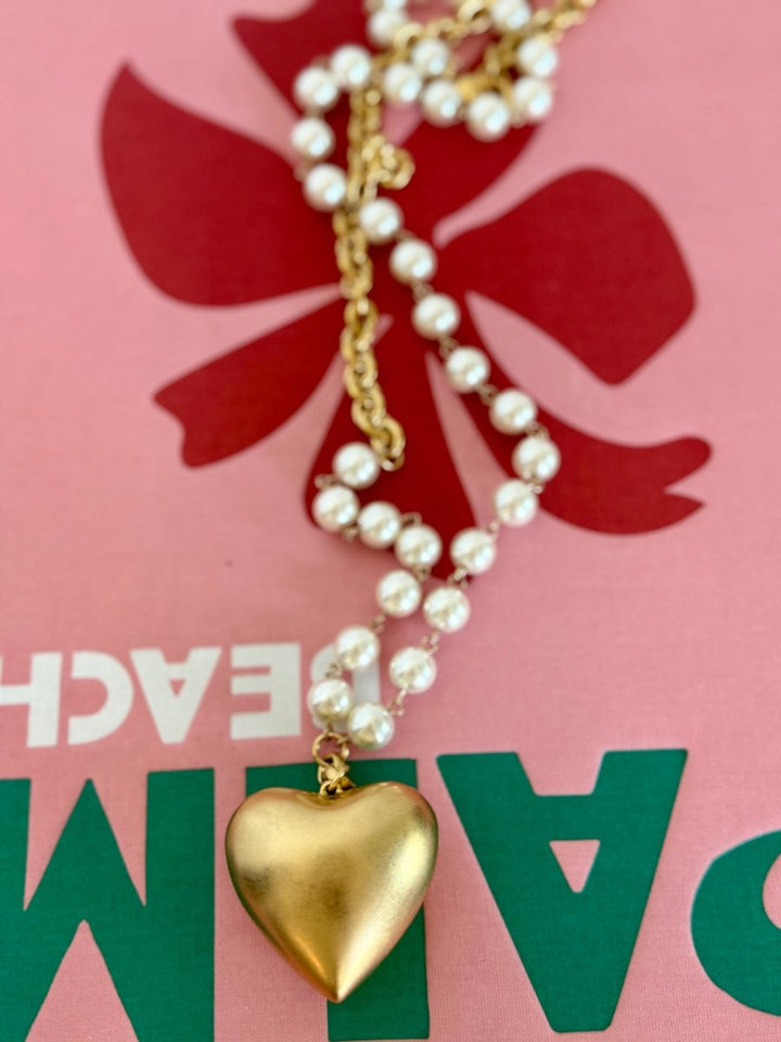 Yochi Long Pearl Chain Necklace with Heart