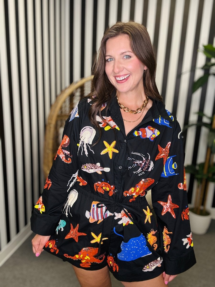 QOS Black Under the Sea Button Romper