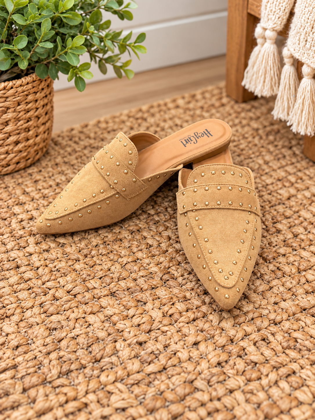 Mischief Mules in Camel Faux Suede