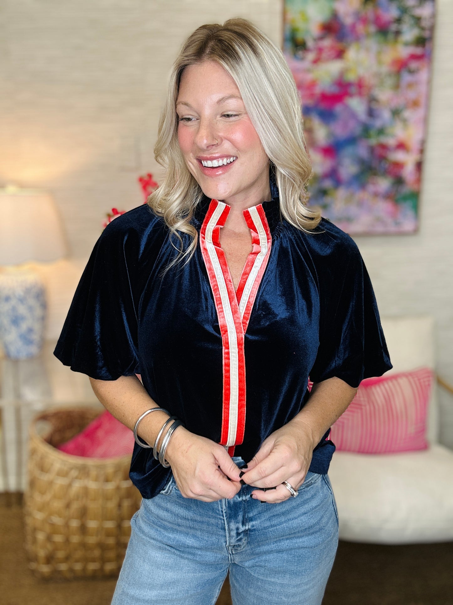 The Suede Puff Top in Navy